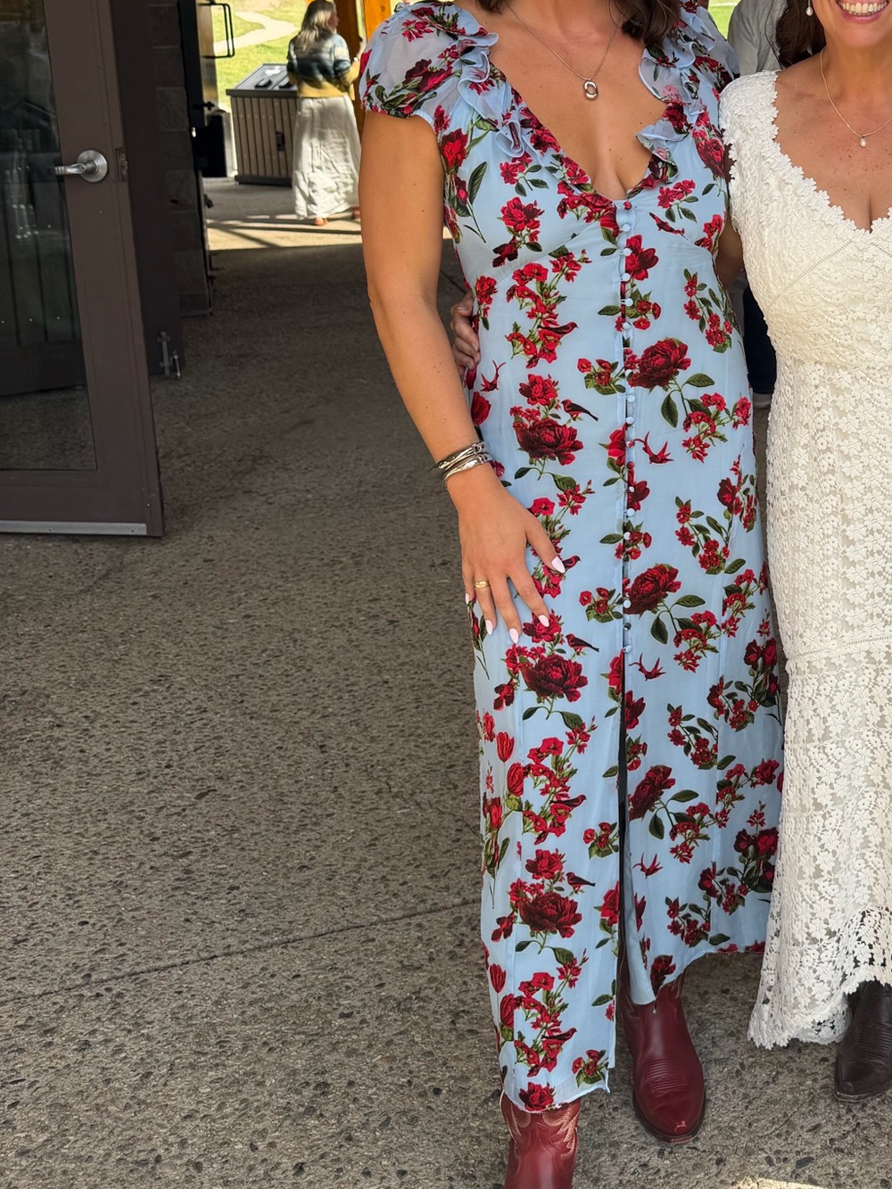 Alice + Olivia Light Blue Midi Dress with Red Floral Print - Picture 3 of 3